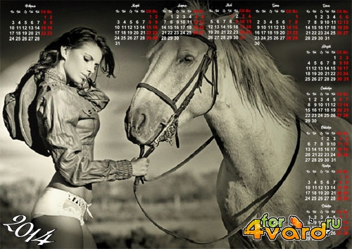  Календарь 2014 - Черно-белый постер девушка и лошадь 