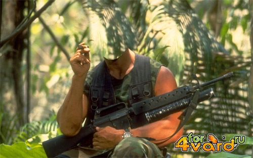 Шаблон для фотошопа - Солдат с оружием и сигарой в лесу 